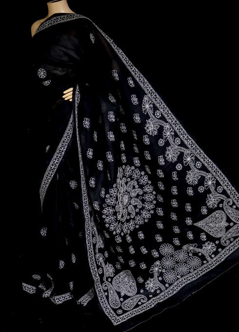 Buy Black Colour Designer Hand Embroidered Lucknowi Chikankari Saree ( With  Blouse - Georgette ) MC251897 | www.maanacreation.com